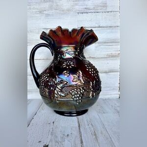 Vintage Dugan Iridized Carnival Glass Floral & Grape Amethyst Pitcher